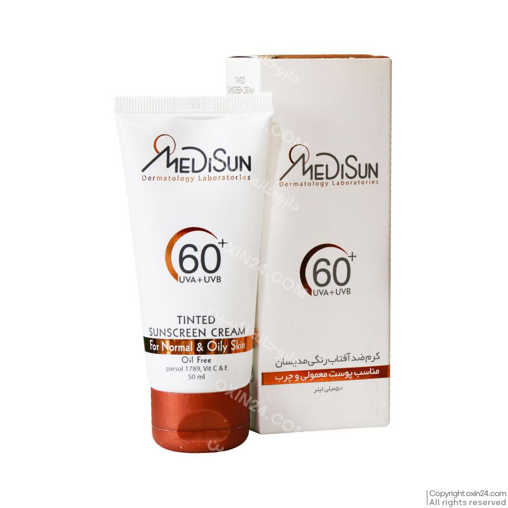 کرم ضد آفتاب رنگی تیوپی SPF60 مدیسان مناسب پوست نرمال و چرب حجم 50 گرم